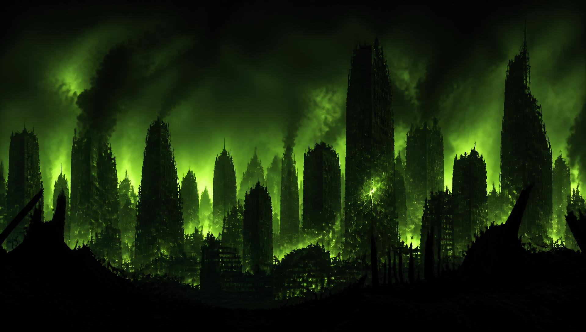 Ruined city skyline glowing toxic green