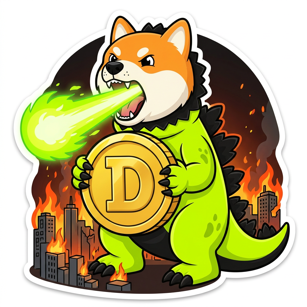 Dogezilla roaring with atomic breath holding a golden coin