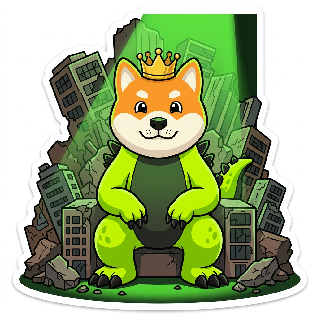 Dogezilla on a throne of broken buildings