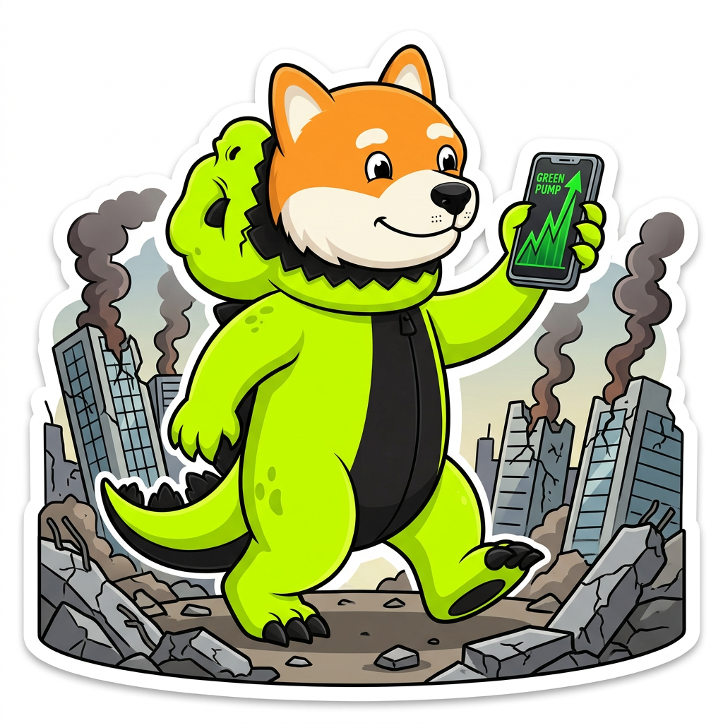 Dogezilla holding a phone with a green chart