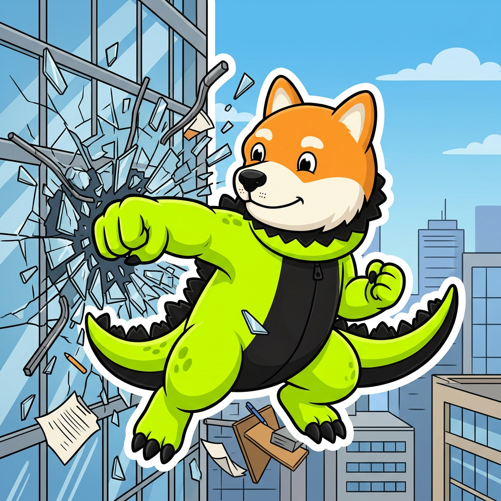 Dogezilla punching through an office tower