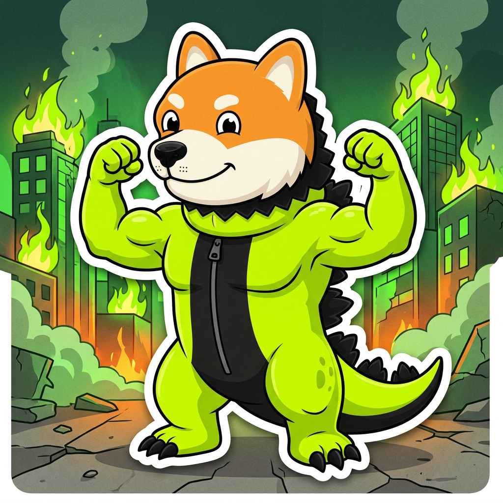 Dogezilla flexing in front of a burning city